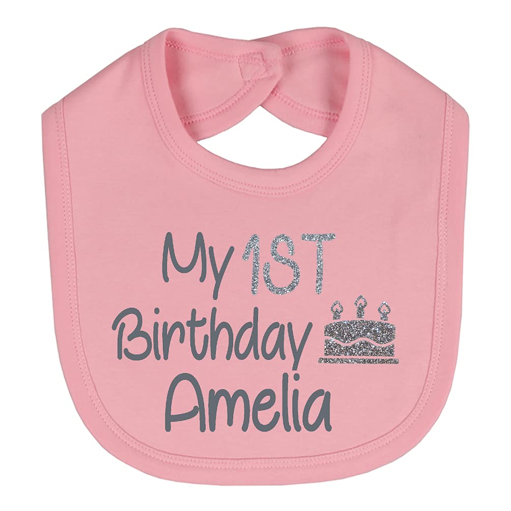 Alwaystrusted Personalised Gift Pink Velcro Fastening Bib Grey My 1st Birthday Glitter Girl AT-TF12-17-CG