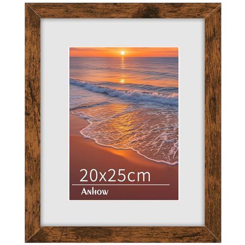 Anhow Marco de Fotos Nogal 20x25 cm, Marcos para Cuadros MDF de Madera con Paspartú para Decoración Hogar, Portaretratos para Fotos con Cristal AcríLico, para Exposición en Pared o Mesa