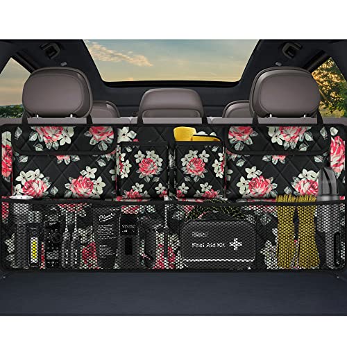Image of Car Trunk Organizer,Large Capacity Backseat Trunk Organizer(42 inch*18 inch),Collapsible Car Storage Bag with 8 Pocekt,Car Organizer for SUV /MPV /Truck - Floral