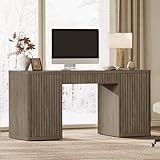 SICOTAS 61' Large Home Office Desk with Storage Fluted Office Desks with 2 Doors & 1 Drawer Modern Executive Desk Wooden Study Desk Writing Desks Vanity Table for Living Room Bedroom, Grey Alder