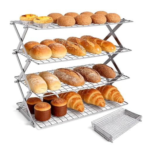 4 Tier Collapsible Cooling Rack, 2/3/4-Tier Upgraded,Adjustable ＆ Stackable Baking Rack, 5 Modes Cooling Racks for Cooking and Baking, Roasting ＆ Grilling Gifts for Picnic Party  