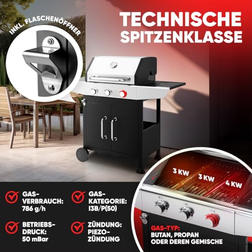 ProfiCook® Gasgrill für Temperaturen bis zu 400°C | mit Power-Zone | Roste aus echtem Gusseisen | Gasgrill 3 Brenner | Temperaturanzeige | Flaschenöffner | 3 Brenner | Balkon | PC GG 1310