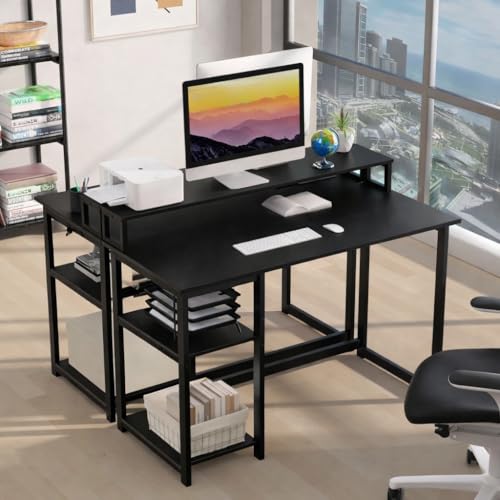 Image of Study Table with Monitor Stand| Small Home Office Desk with Ergonomic Monitor Stand| Reversible Computer Desk| Modern Study Desk| Laptop Desk| Black| 150x60x75 CM