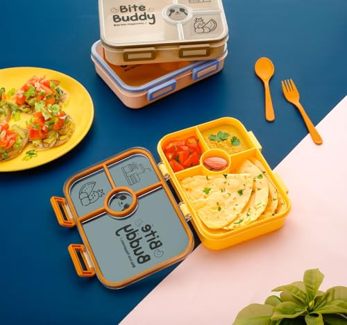 Image of Xmart India Bite Buddy Lunch Box with 4 Compartments Airtight Tiffin Box for School, College & Office Includes 1 Spoons & 1 Fork Lunch Box for Office use, Tiffin Box for School(800ML, Multicolor)