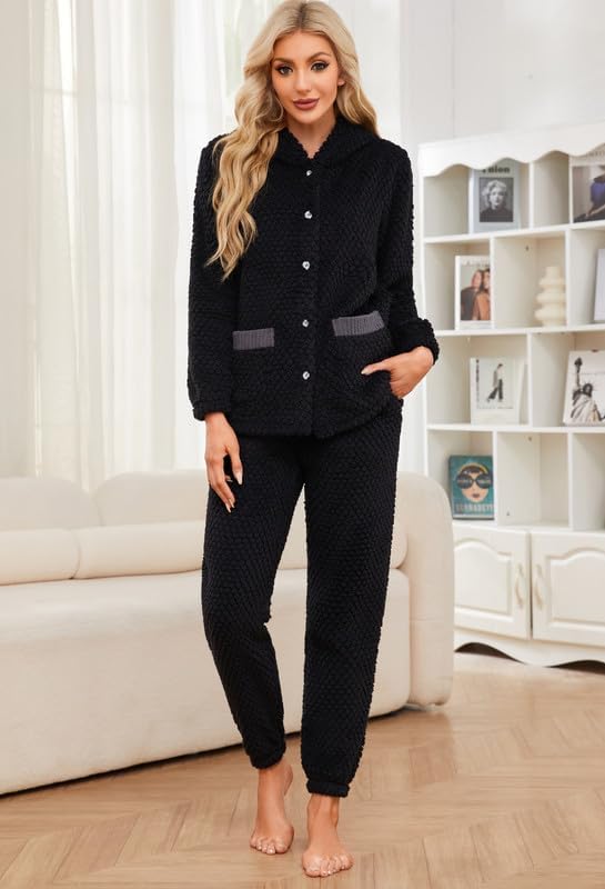 HEARTNICE Women's Cute Hooded Pajama Set, Soft Warm Plush Long Sleeve Sleepwear with Pockets Fluffy Fuzzy Cozy Pjs - Image 2