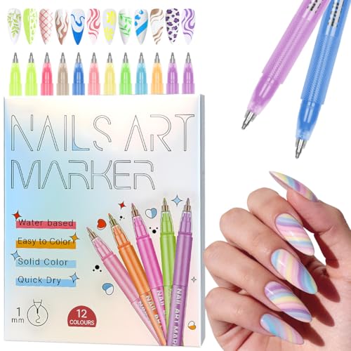 AOOWU Bolígrafos de Arte de Uñas 3D, 12 Colores Boligrafo 3D Pintauñas, Bolígrafo de 1 mm para DIY Bolígrafo Manicura Niñas, Pintura Acrílica a Base de Agua Pincel Liner para Casa y Salón