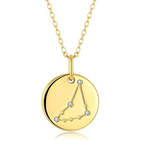 14K Gold Zodiac Necklace for Women, 925 Sterling Silver Constellation Star Coin Disc Connected Engraved Horoscope Sign Astrology Pendant, Celestial Jewelry Birthday Mother's Day Gifts for Her Mom Girlfrined