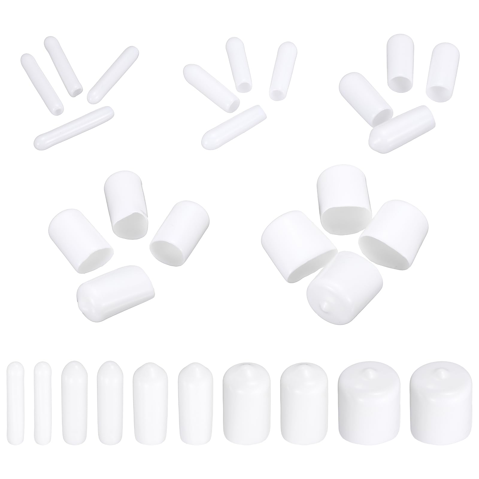 MECCANIXITY 50pcs Round End Protective Caps Rubber Cover 1/16" 1/8" 1/4" 1/2" 1" White Screw Protector for Screw Bolt, Plumbing Pipe