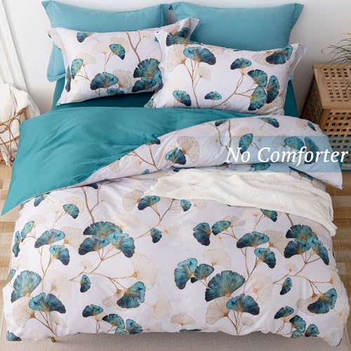 MILDLY 100% Long-Staple Cotton Duvet Cover Set Teal Green Gingko Leaf Pattern Printed Comforter Cover 3pcs, Ultra Soft & Breathable Bedding Set