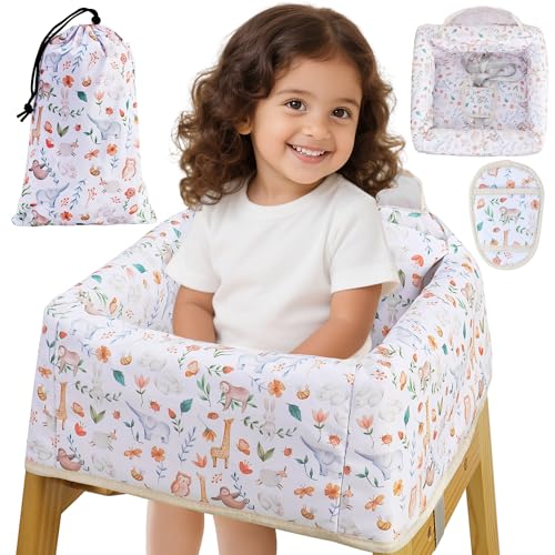 Lunobubo High Chair Cover Portable with 3-Point Harness Waterproof Baby Seat Cover for Restaurant Travel Home Use Machine Washable Fits Wooden Chairs (Yellow Animal)