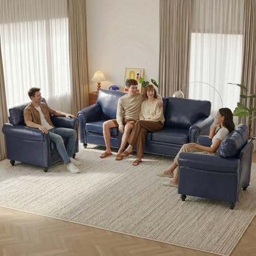 3-Piece Living Room Set, Chesterfield Sofa & 2 Accent Chairs, Lea...