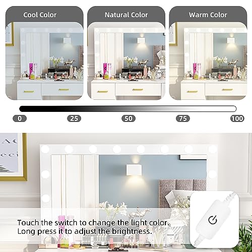 Pakasept Modern Makeup Vanity With Lighted Bulbs, 44'' Vanity Desk With Mirror And Lights, 7 Drawers, 14Pcs Led Bulbs, Cushioned Stool, White Vanity For Bedroom #TOP1