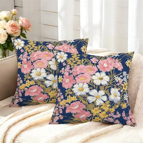 Housses de coussin imperméables 80x80 cm bleu décor fleuri lot de 2