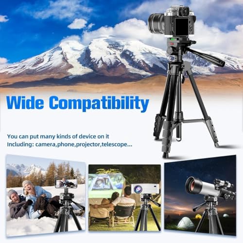Image of 55-Inch Aluminum Tripod with Mobile Holder, Lightweight & Portable Tripod Kit, 360 Head, Stable Design, Supports Up to 5 kg (Black)