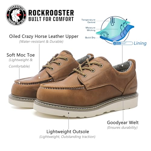 ROCKROOSTER Trinidad Men's 4" Soft Moc Toe Brown Leather Work Shoes, Lightweight Wedge Work Boots VAP23023
