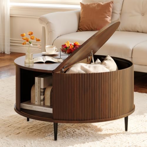 Image of Mid Century Fluted Round Coffee Table for Living Room, Walnut | 31.5 inch Modern Coffee Table with Storage, Small Center Table with Flip-Top