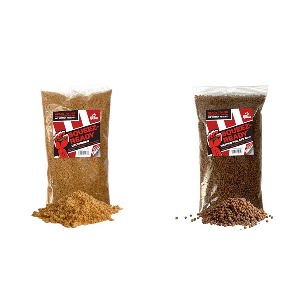Fjuka Squeez-Ready Groundbait | Ready-prepped Multi-use groundbait | Carp, F1s, tench, bream, roach & Squeez-Ready Method Pellet 2mm | Ready-prepped Method feeder pellet | Carp, F1s, tench