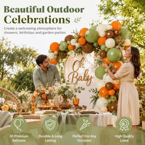 Image of Sage Green and Orange Balloons, 12 Inch Green Brown Orange Balloons Olive Green Brown Beige Jungle Safari Wild Woodland Balloon for Birthday Wedding Baby Shower Party Decorations