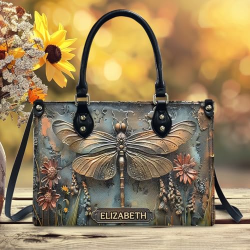 Stunning Dragonfly - Personalized Dragonfly Leather Handbag, Vintage Dragonflies Printed Handbag With Adjustable Shoulder Strap And Top Handle, Custom Name Gift For Mom, Woman, Mother's Day2