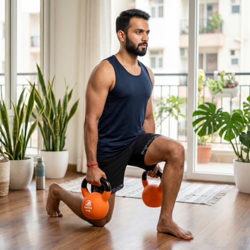 Image of KAKSS Half Coating Neoprene Kettlebell, 6kg Orange Cast Iron Kettle Bell with Non-Slip Grip Handle for Strength Training, Home Gym Workout Equipment for Men & Women (Proudly Made in India)