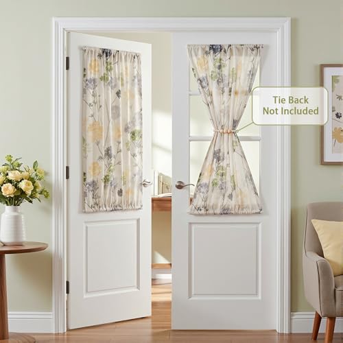 Image of MYSKY HOME Floral Linen French Door Curtains 40 inch Long 2 Panels for Front Door Light Filtering Privacy Semi Sheer Window Curtains with Rod Pocket, Sage Green, 24 inch W Each Panel