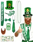 Xunqee St. Patrick's Day Party Accessories Set, 52 Pcs Irish Celebration Costume Kit for adults with Hats, Bow Ties,Necktie,Beards,Shamrock Glasses, Necklaces,Wristbands,Sash for Irish Party Supplies