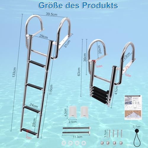 KAOLALI Bootleiter 4 Stufen Poolleiter Edelstahl, Badeleiter Boot Klappbar Teleskop mit Großen Handläufen Und Breiter Sprosse Tragkraft 227 kg für Schwimmbad Deck Boot