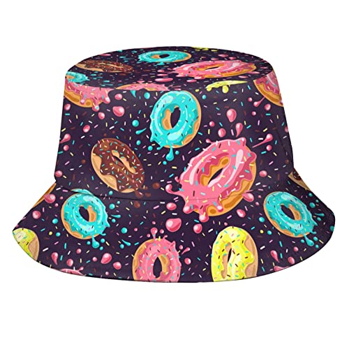 Donut Patterned Bucket Hat Fishing Hats Summer Travel Beach Sun Uv Protection Packable Fisherman Cap for Men Women Teens