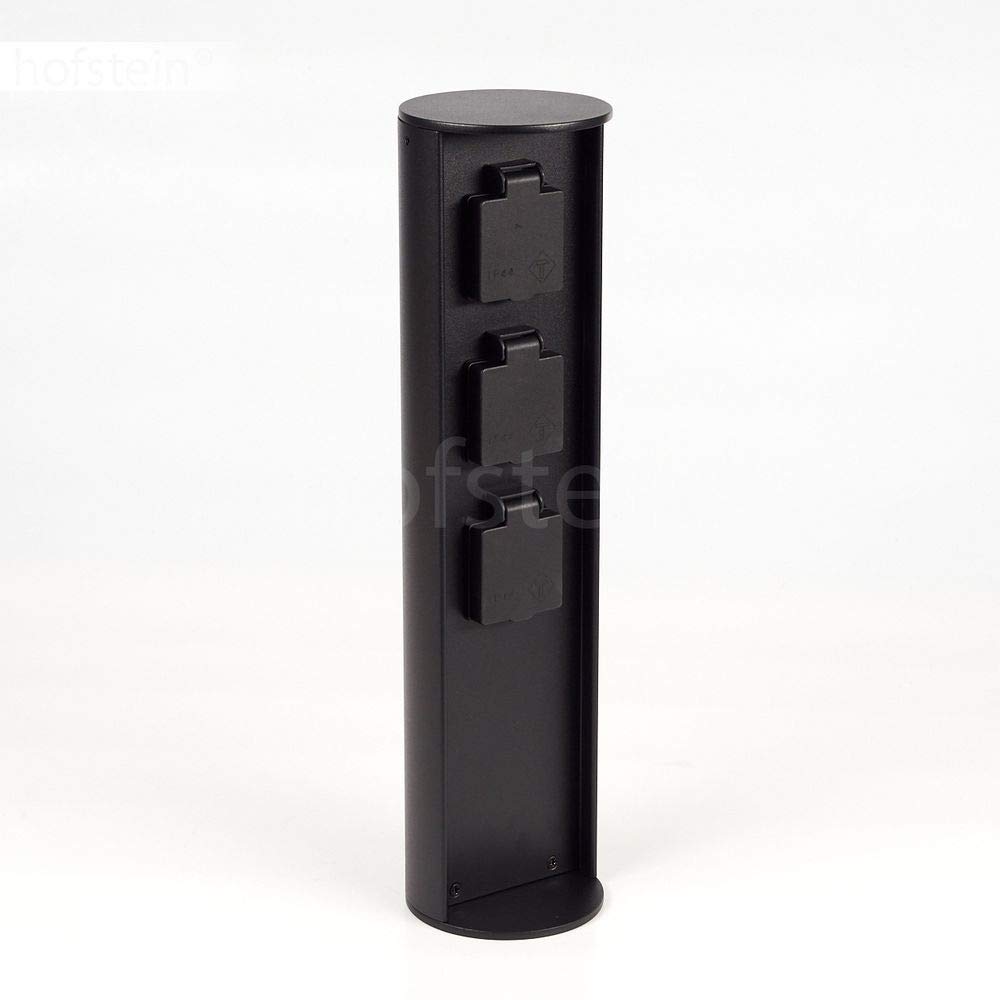 Kolumna z gniazdem Stewart, cylindryczna metalowa kolumna w kolorze czarnym, gniazdo 3-drożne o wysokości 40,5 cm, gniazdo ogrodowe z pokrywą na zawiasach, IP44, przyłącze 16A/250V
