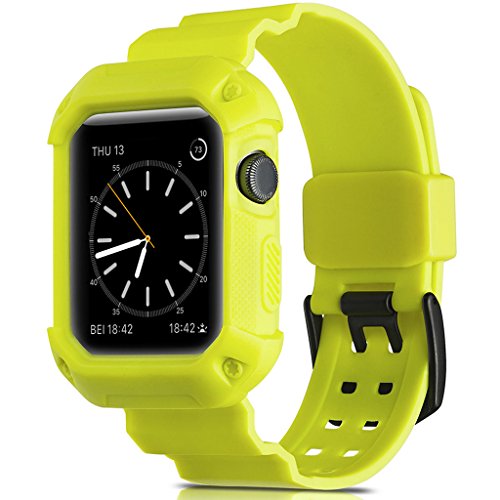 Camyse Compatible Apple Watch Band 42mm Case, Shockproof Rugged Protective Cover with Bands Stainless Steel Clasp for iWatch Apple Watch Series 3, 2, 1 Sport Edition for Men Women grils boys - Yellow