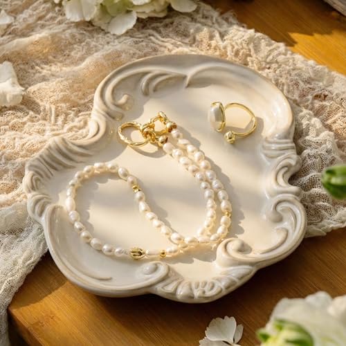 LYEOBOH Jewelry Tray, Ceramic Trinket Dish, Jewelry Dish for Rings Earrings Decorative Trinket Tray, Key Bowl, Retro, Vintage, Friendship Gifts for Mom Sister Birthday Christmas Housewarming, Beige