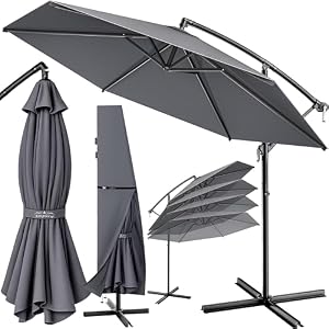 Kingsleeve® Sonnenschirm UV Schutz 80+ Ø 300 cm Groß mit Ständer Schutzhülle Windsicherung Neigbar Rund Kurbel Garten Balkon Ampelschirm Anthrazit
