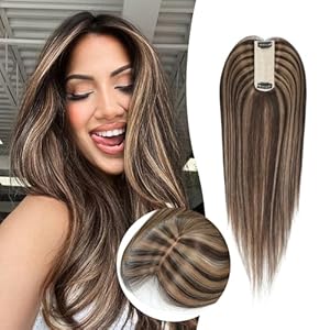 Hair Toppers for Women Real Human Hair, Urbeauty 16 Inch Scalp Line Hair Toppers Hair Pieces for Thinning Hair, Real Human Hair Toppers 1.5″x5″Silk Base Medium Brown Brown with Highlights P4/10