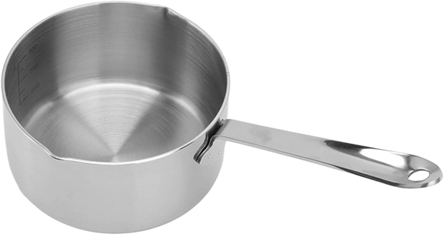 Stainless Steel Butter Warmer and Milk Pot, Flat Bottom with Double Diversion Mouth, Hanging Hole, Ideal for Heating Milk, Melting Butter, Chocolate, and More (500ML)
