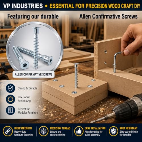 Image of By inchVP INDUSTRIES inch (Pcs-25) No.12x50 mm Allen Head Confirmative Self-Tapping Screw - White Zinc Furniture Screw for Wood Boards, Cabinets, Cupboards & Beds