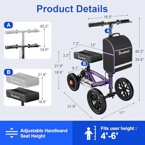 BlessReach All Terrain Foldable Knee Scooter Walker, Disc Brake Knee Walker for Foot Injuries, Compact Crutches Alternative (Purple)