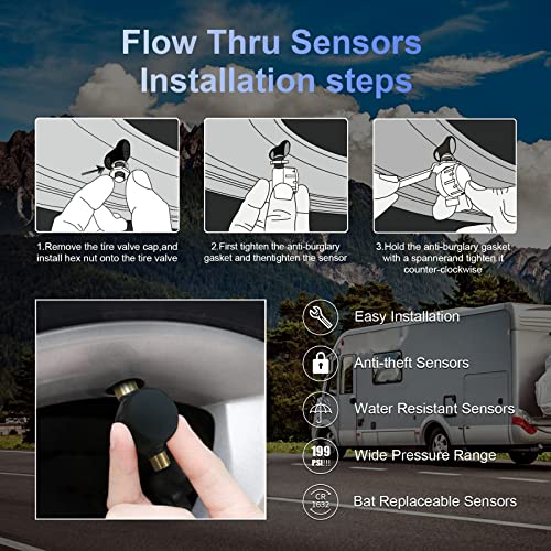 Easesuper Rv Tire Pressure Monitoring System,Monochrome Large Screen Rv Tpms With 6 Flow Thru Sensors(0-199Psi) & Repeater,7 Alert Modes & Real Time Display Pressure&Tempereture, Auto Sleep #TOP5