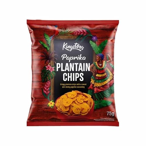 Kingston Paprika Plantain Chips 12 x 75g, Crispy Vegan Snack with Spicy Paprika Flavor