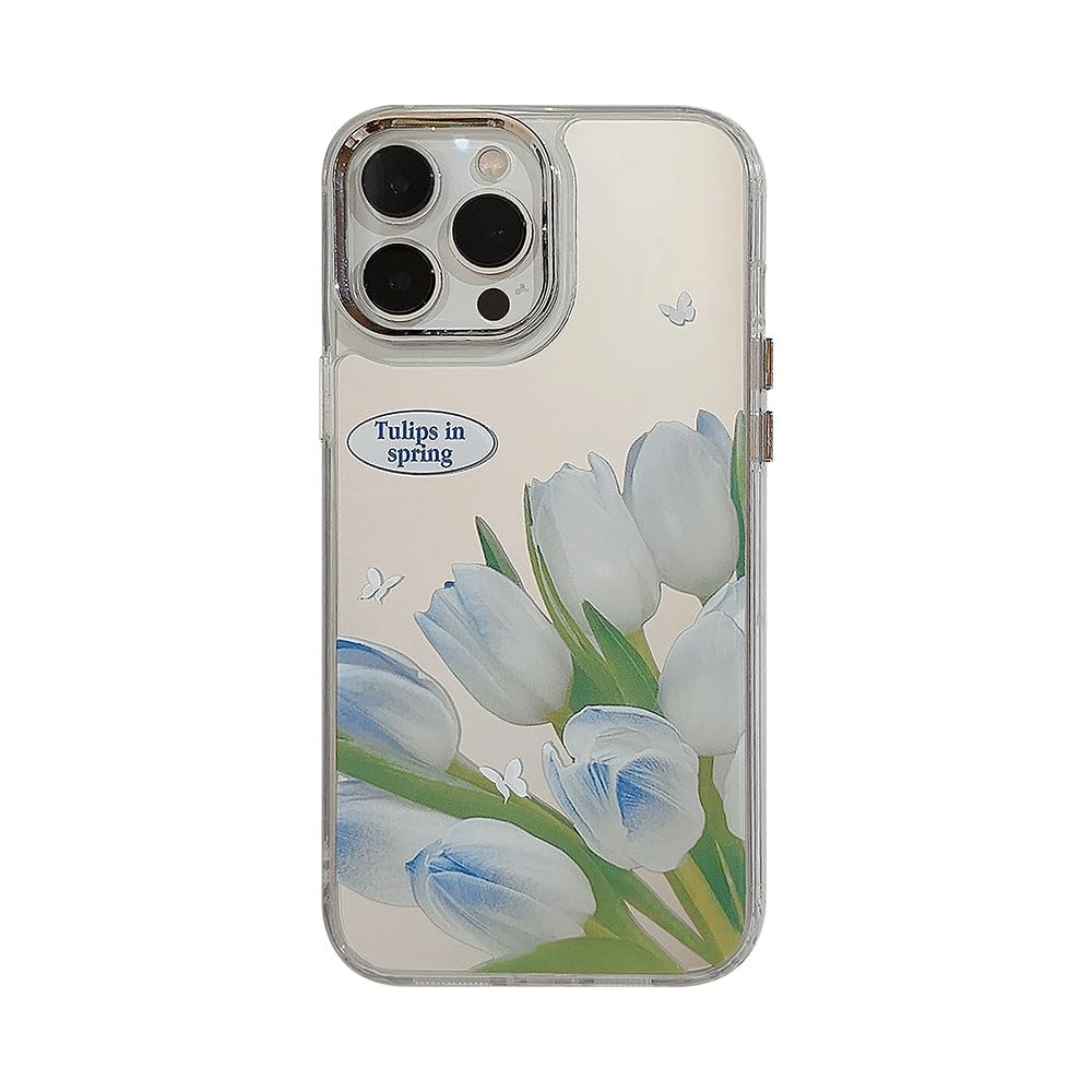 Emylisa Blue Tulips Flower Makeup Plating Mirror Soft Designed for iPhone Case (Silver,for iPhone 14)