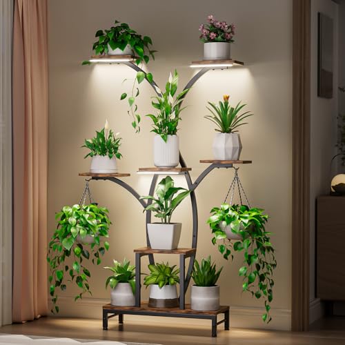 Image of Plant Stand Indoor with Grow Lights - 7 Tiered Metal Corner Shelf for Multiple Plants, 63.4 inch Corner Plant Stand for Indoor Plants, Tree-Shaped Plant Rack for Home, Living Room, Office & Patio Decor