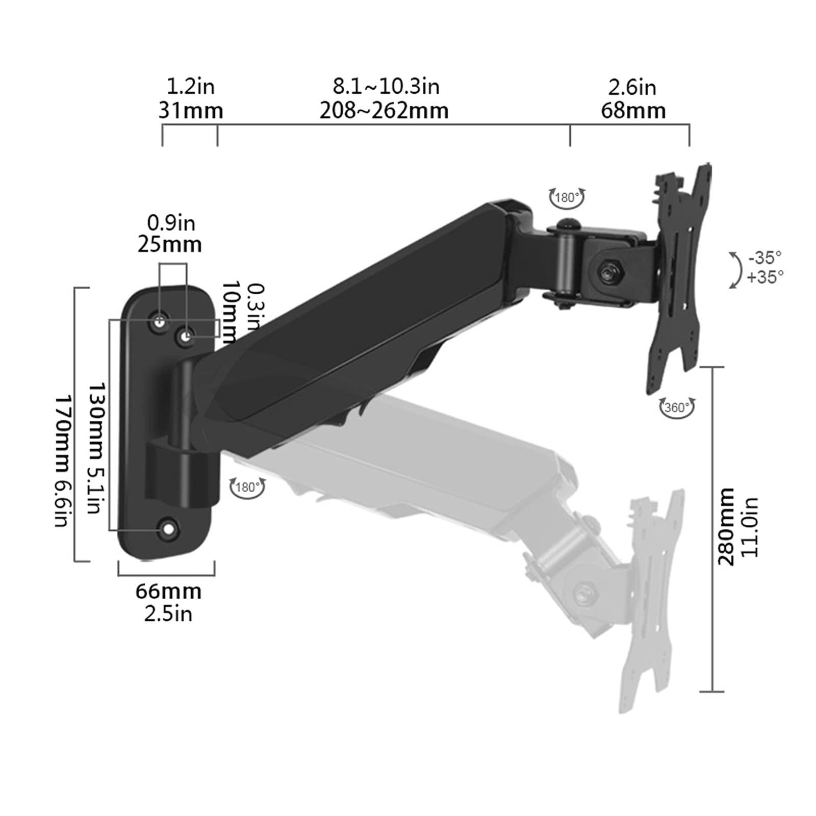 Support de bureau pour moniteur Support de moniteur simple noir, support mural for moniteur, bras de support de moniteur à ressort à gaz réglable de 17 à 32 pouces, peut contenir jusqu'à 17,6 lb Suppo