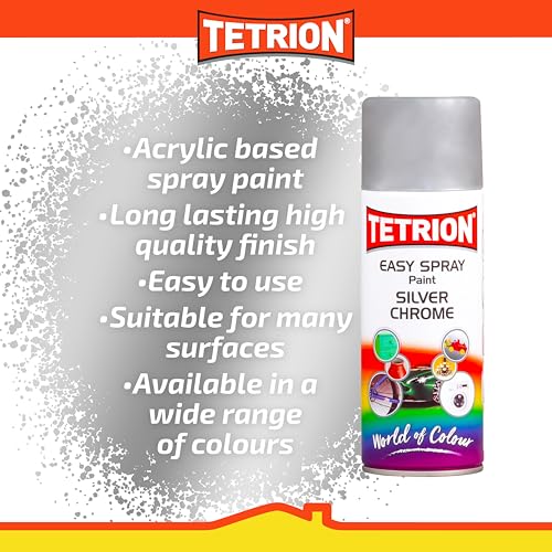 Image of Tetrion Easy Spray Paint - Chrome Silver 400ml (Pack of 6) - Reflective Acrylic Spray for Wood, Metal, Plastic, Ceramic & More - Fast-Drying, Smooth Mirror Finish, Indoor & Outdoor Use, 13.5 Oz