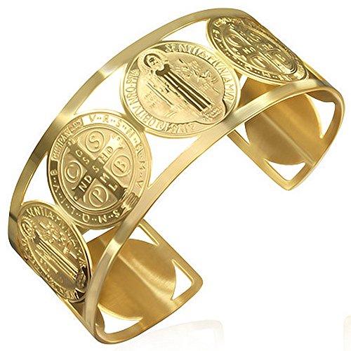My Daily Styles Stainless Steel Cross St. Benedict Religious Christian Open End Cuff Bangle