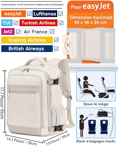 KLOSTAIN Sac à Dos Voyage Cabine Avion 45x36x20 pour Easyjet 30L Bagage Cabine Grande sous Siège Bagage à Main Homme Femme Sac à Dos pour Ordinateur Portable 15.6 Pouces Couleur Beige – Image 2