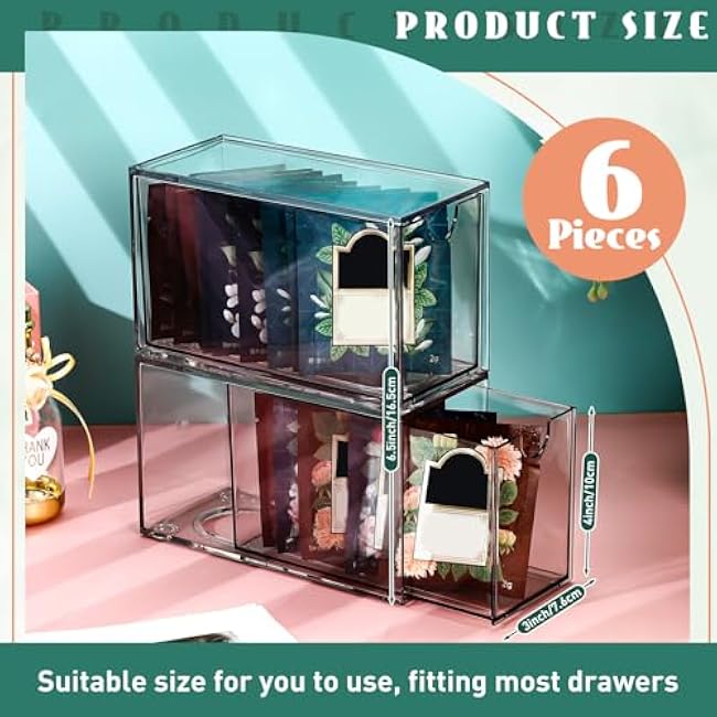 6 Pcs Clear Tea Bag Drawers Organizer, 6.5 x 4 x 3 Plastic Stackable Tea Bag Storage Holder for Pantry Home Organization