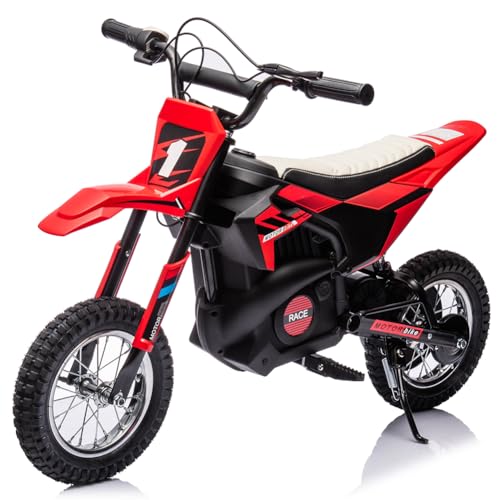 Image of Garvee 24V Kids Electric Off-Road Motorcycle, Ride on 250W Motor 13.6MPH | Fast Speed Dirt Bike, Leather Seat, Twist Grip Throttle, Metal Suspension, Air-Filled Tires for Kids Teens Riding Toy, Red