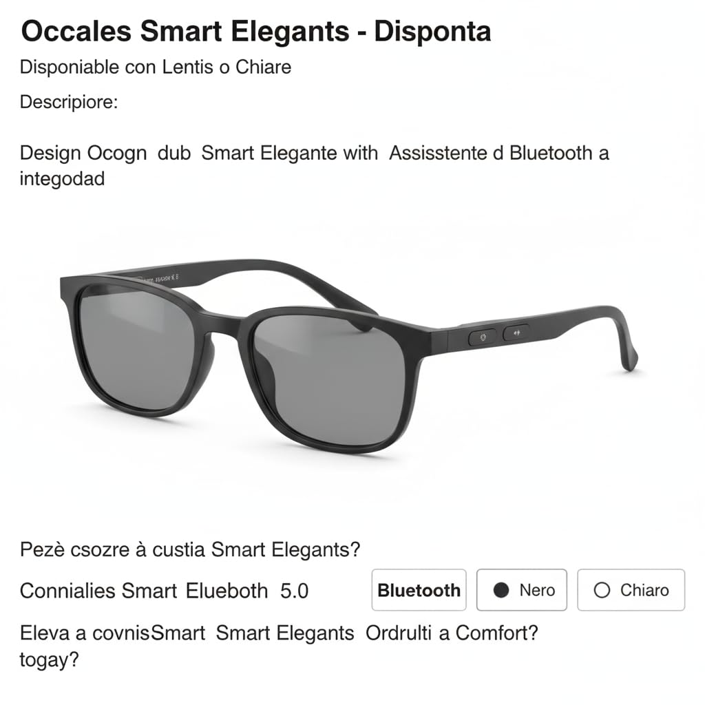 Occhiali Smart Audio Bluetooth 5.0, Montatura Nera Lenti Polarizzate Intercambiabili, Controlli Touch, 155mm