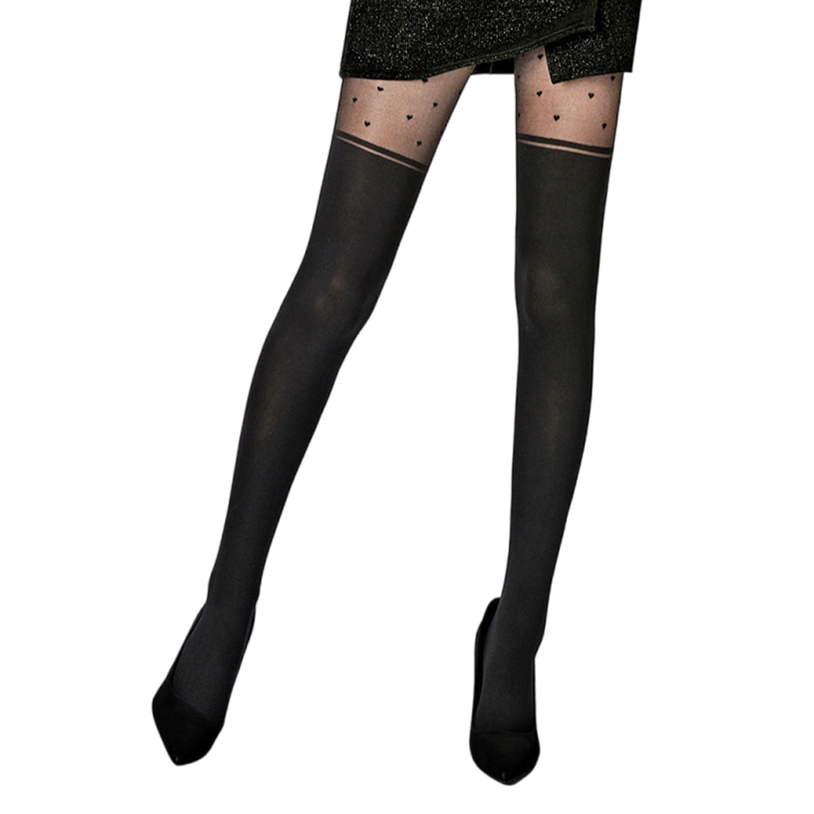 Rdxanc Fashionable Mock Overknees Stockings Look Tights with Heart Patterns Black Heart Designs Faux Sheer Pantyhose for Women