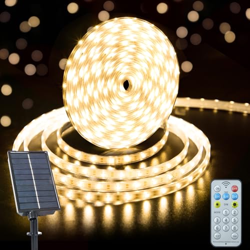 CCILAND Solar Strip Lights Outdoor, 33Ft 640 LED Waterproof Strip Lights with Remote Timer Dimmable Outside Strip Light for Garden Yard Party Decor (Warm White)