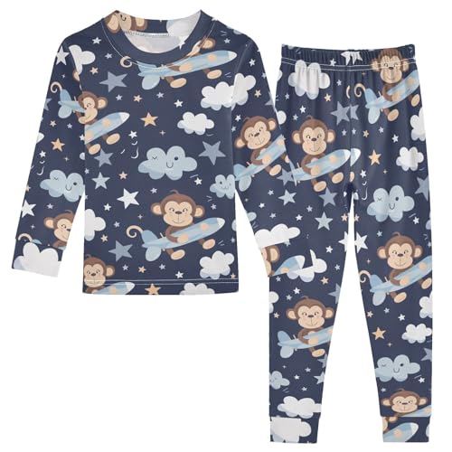 SPRIPORT Cartoon Monkeys Soft Comfy Pajama Set Sleepwear Cotton Long Sleeve Top and Pants 2 Piece Pjs Set 3T Multicolor